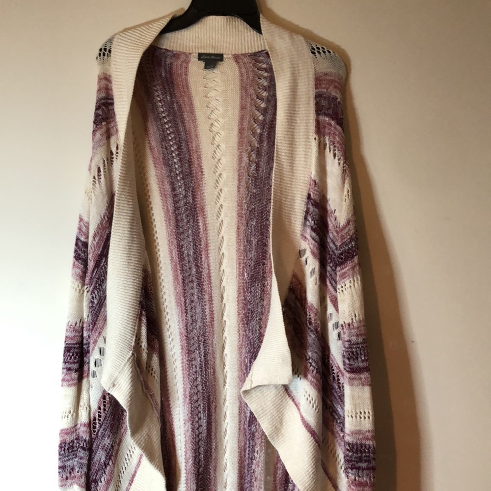 Women’s Eddie Bauer duster sweater crochet knit cascading waterfall cardigan XL
